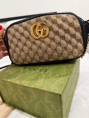 Gucci GG Marmont Supreme Canvas Crossbody with Black Trim and Gold Double G